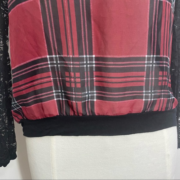 4/$25. RUE21 plaid chiffon semi sheer front lace sleeve solid back top. Medium. - Picture 4 of 9